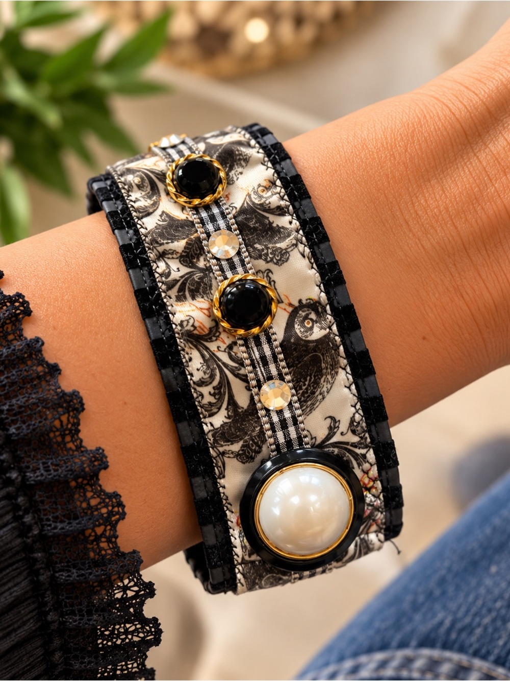Handmade Black White Gold Cuff Bracelet | Pearl Statement Boho Glamour